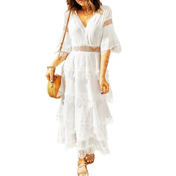 Dresses & Skirts - White Swiss Dot Print See-through Lace Patch Layered Long Dress